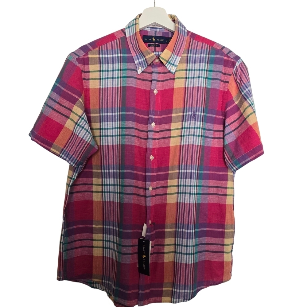 NWT Polo by Ralph Lauren Men's Hot Pink Madras Multicolor Plaid Shirt
